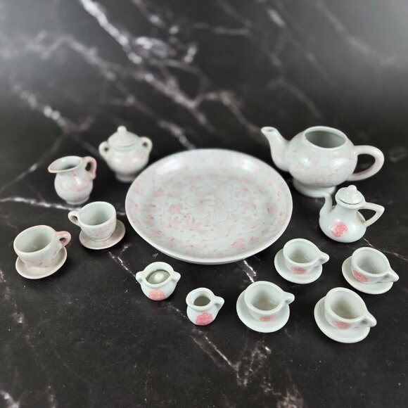 Porcelain Miniature Tea Set White Pink 21 Pieces Display Only Not a Toy - Picture 1 of 12